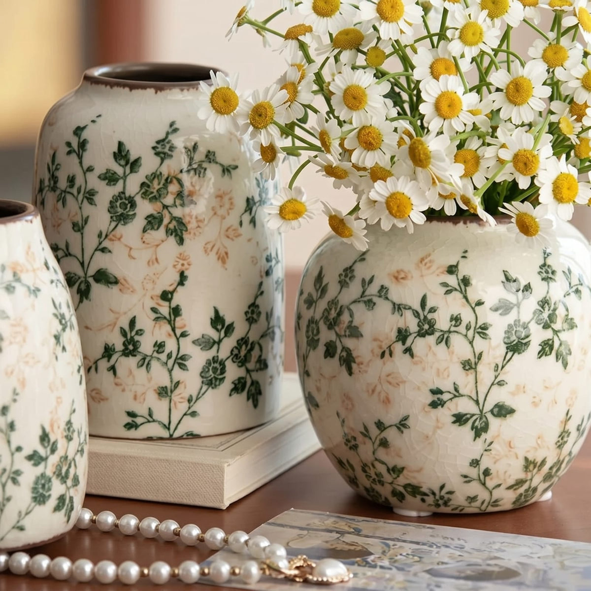 Vase en céramique dessin à fleurs | Vase floral vintage