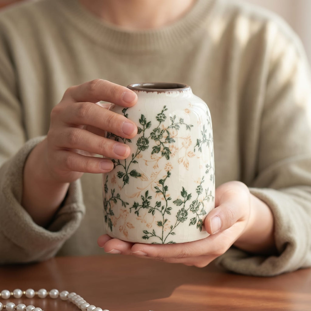 Vase en céramique dessin à fleurs | Vase floral vintage