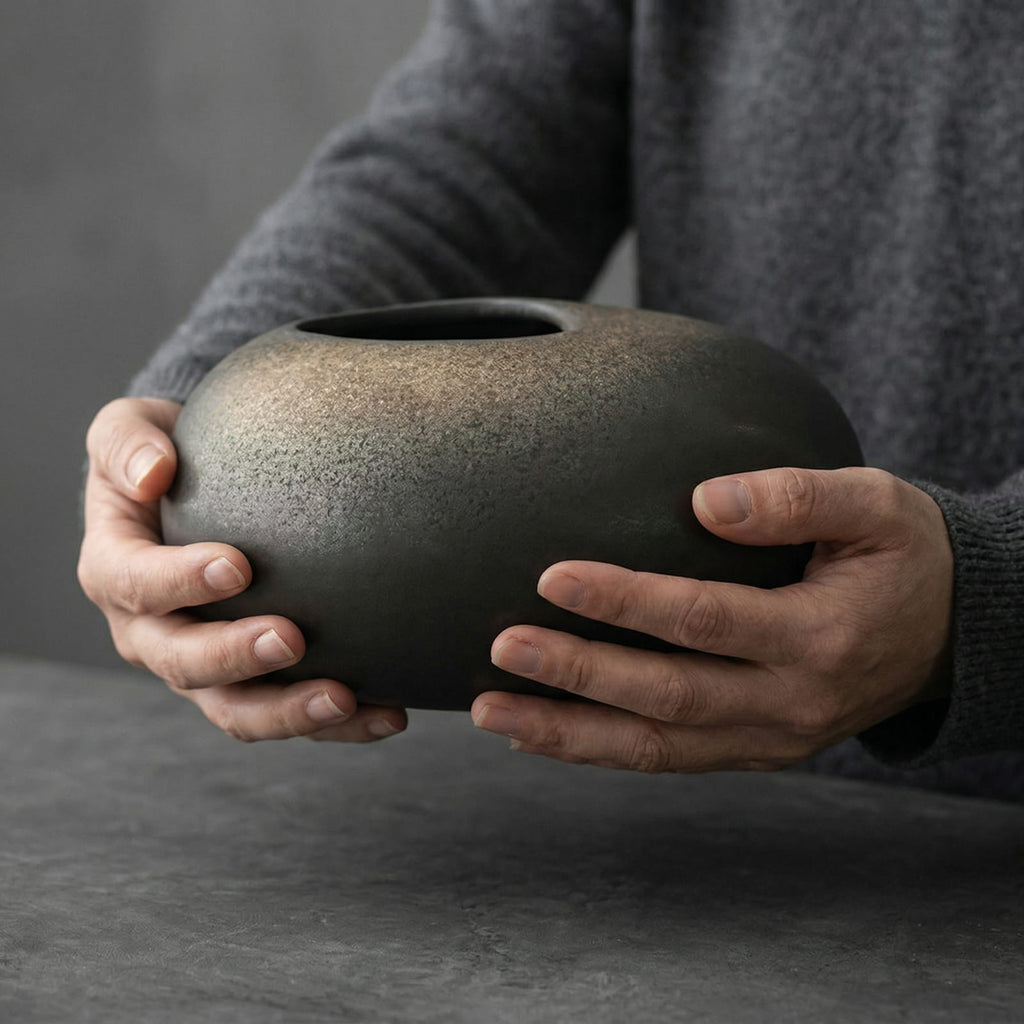 Vase galet japonais noir en terre cuite