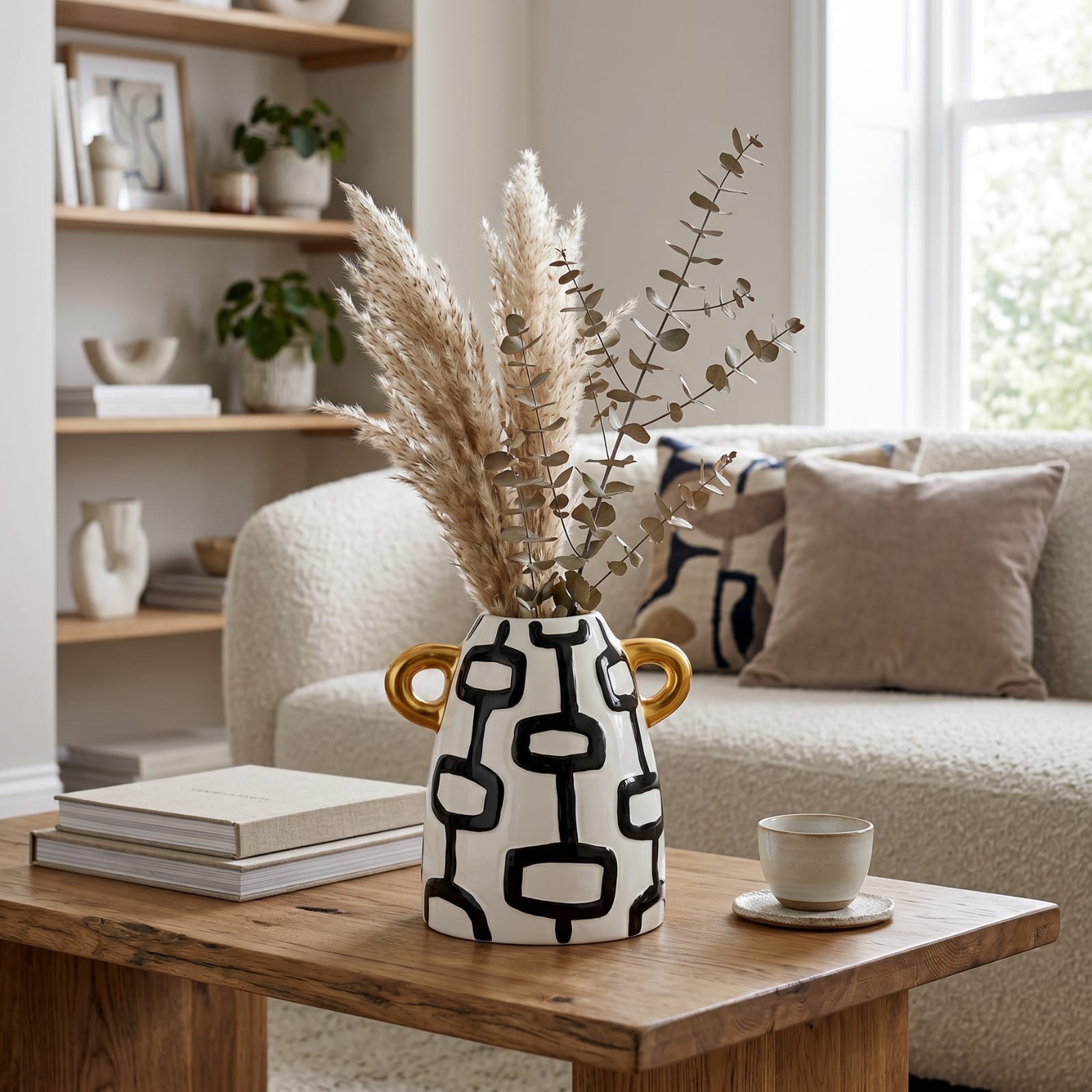 Vase graphique blanc et noir avec anses dorées Image