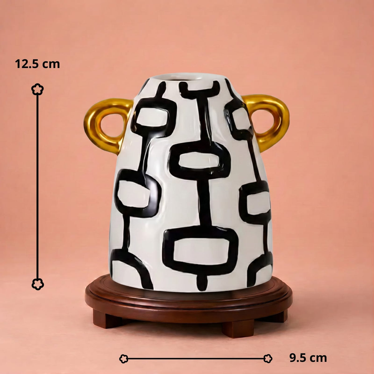 Vase graphique blanc et noir avec anses dorées
