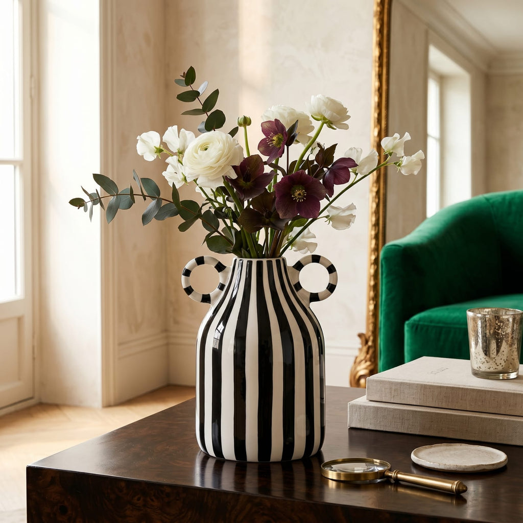 Vase rayé noir et blanc​ | Vase décoratif moderne